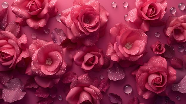 A lush bouquet of pink roses with dew drops. Neural network generated image. Not based on any actual person or scene.