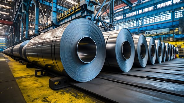 Packed rolls of steel sheet, Cold rolled steel coils in a warehouse. Neural network generated image. Not based on any actual person or scene.