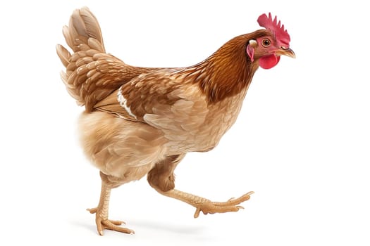 Running chicken hen on white background. Neural network generated image. Not based on any actual scene or pattern.