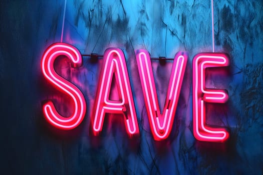 Neon word save on dark shabby wall. Neural network generated image. Not based on any actual scene or pattern.