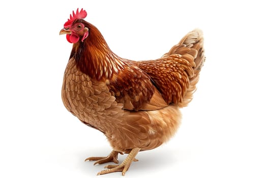 Chicken hen on white background. Neural network generated image. Not based on any actual scene or pattern.