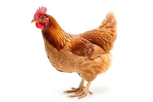 Chicken hen on white background. Neural network generated image. Not based on any actual scene or pattern.
