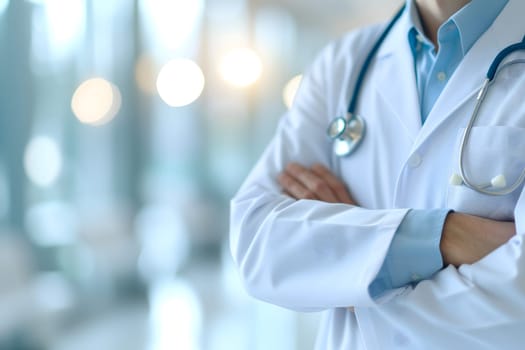 Abstract Medical Doctor, Symbolizing Compassion and Expertise asymmetrical composition with copy space. Neural network generated image. Not based on any actual scene or pattern.