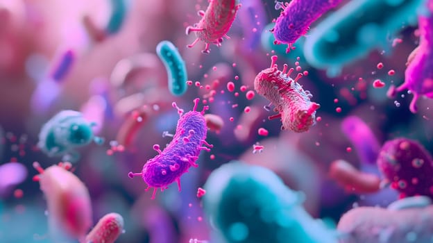Diverse colorful abstract microbiome, containing many different types of microorganisms. Neural network generated in January 2024. Not based on any actual scene or pattern.