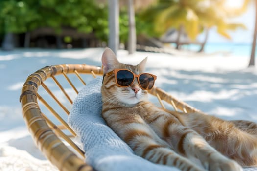 tabby cat with sunglasses laid on tropical beach, vacation theme. Neural network generated image. Not based on any actual person or scene.