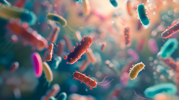 Diverse colorful abstract microbiome, containing many different types of microorganisms. Neural network generated in January 2024. Not based on any actual scene or pattern.