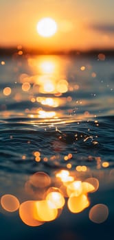 Sunset bokeh on water: golden sky over a body of water, with the light reflecting and creating a bokeh effect.. Neural network generated image. Not based on any actual scene or pattern.