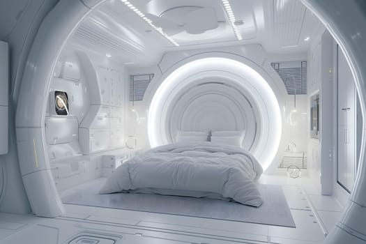 futuristic clean white space station style interior of bedroom. Neural network generated image. Not based on any actual scene or pattern.