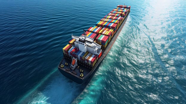 Cargo ship full of standard shipping containers at the sea during shipping at day time. Neural network generated image. Not based on any actual scene or pattern.