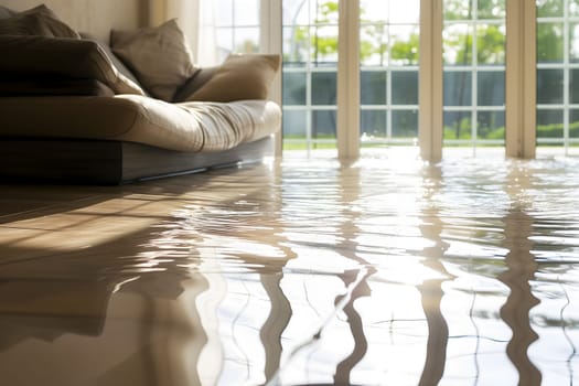 Home Floor Flooded, Showcasing Water Damage And Potential Issues. Neural network generated image. Not based on any actual scene or pattern.
