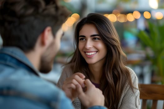 Smiling young adult woman dating with young adult man at the restaurant. Neural network generated image. Not based on any actual scene or pattern.
