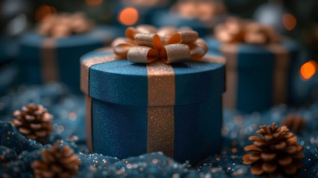 Blue Christmas gift boxes with a gold bow for holiday background. Neural network generated image. Not based on any actual scene or pattern.
