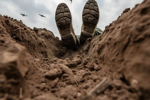 Fallen soldier legs laying on the dirt with flying drones in the sky above. Neural network generated image. Not based on any actual scene or pattern.