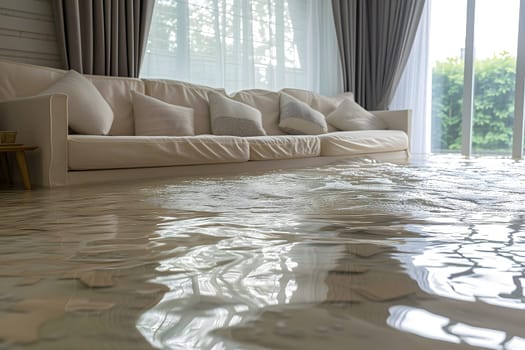 Home Floor Flooded, Showcasing Water Damage And Potential Issues. Neural network generated image. Not based on any actual scene or pattern.