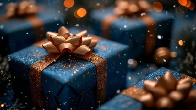 Blue Christmas gift boxes with a gold bow for holiday background. Neural network generated image. Not based on any actual scene or pattern.