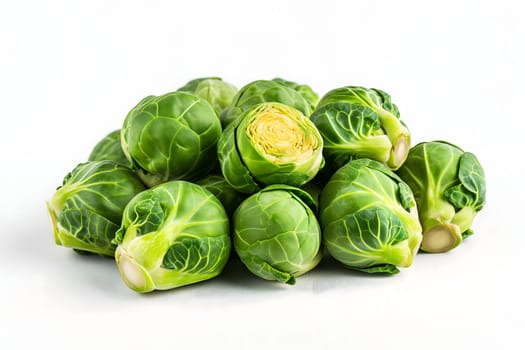 Small heap of brussels sprouts on white background. Neural network generated image. Not based on any actual scene or pattern.