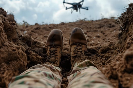 Fallen soldier legs laying on the dirt with flying drone in the sky above. Neural network generated image. Not based on any actual scene or pattern.