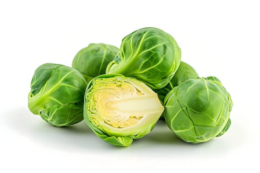Small heap of brussels sprouts on white background. Neural network generated image. Not based on any actual scene or pattern.