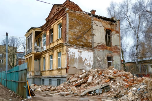 Ruined houses street after war. Neural network generated image. Not based on any actual scene or pattern.