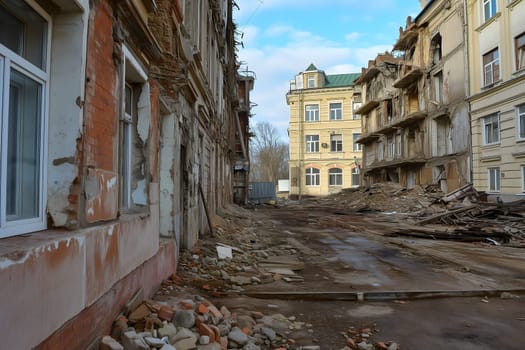 Ruined houses street after war. Neural network generated image. Not based on any actual scene or pattern.