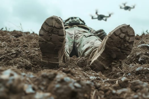 Fallen soldier legs laying on the dirt with flying drones in the sky above. Neural network generated image. Not based on any actual scene or pattern.