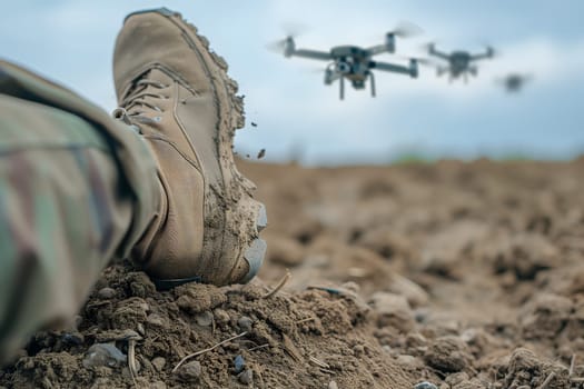 Fallen soldier legs laying on the dirt with flying drones in the sky above. Neural network generated image. Not based on any actual scene or pattern.