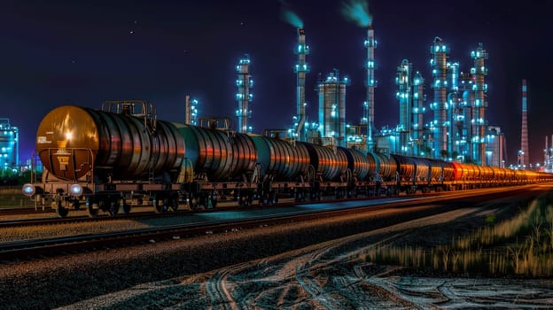 A long freight train with tank wagons drives slowly through an industrial area with chemical factory.