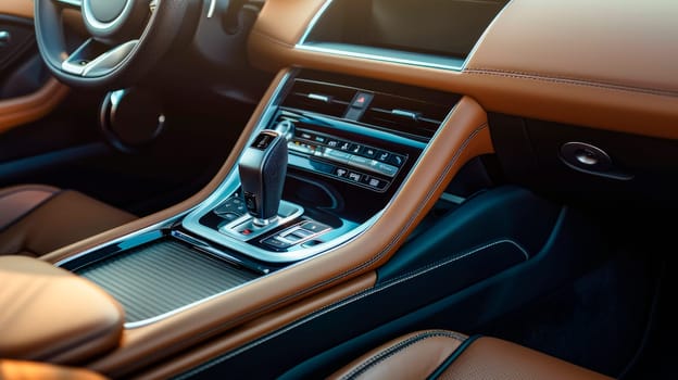 Automatic gear stick of a modern car. Modern car interior details. Brown leather interior with stitching. AI generated