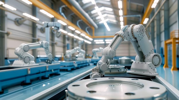 White industrial robot arms at modern bright factory. Automated Manufacturing Facility. AI generated