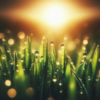 Green grass at the morning, water drops, sunny light. Generative AI.
