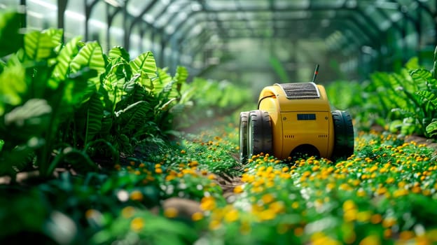Unmanned robotic vehicle for use in greenhouses and agriculture. Futuristic farming. AI generated