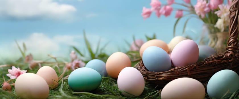 Easter eggs in the meadow. Eastern concept. Generated AI
