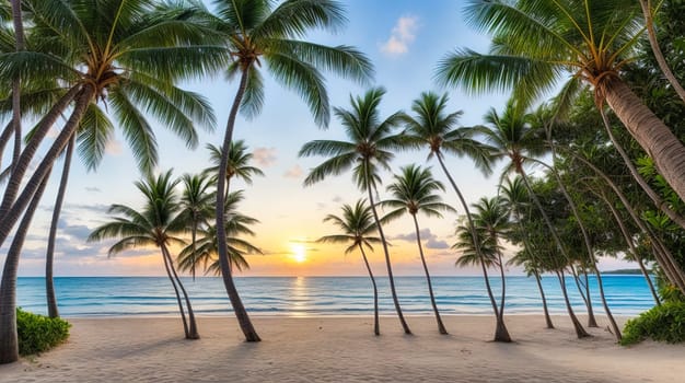 Sunny tropical Caribbean beach with palm trees and turquoise water, island vacation, hot summer day. Generated AI