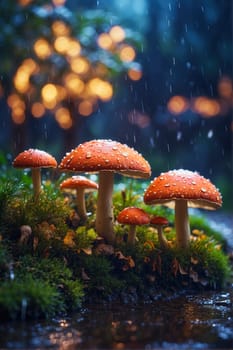 Fantastic wonderland forest landscape with red mushrooms. Generated AI.
