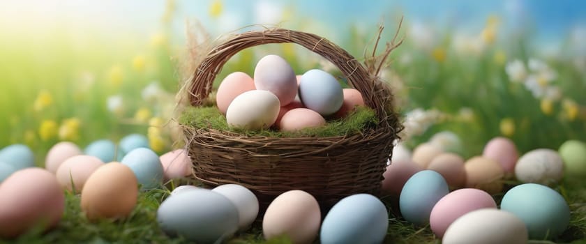 Easter eggs in the meadow. Eastern concept. Generated AI