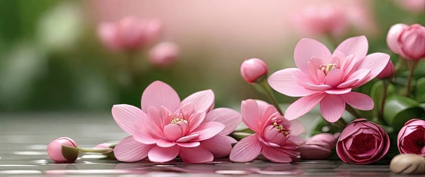 Spa Concept - Massage Stones With Towels And Flowers. Generative AI.