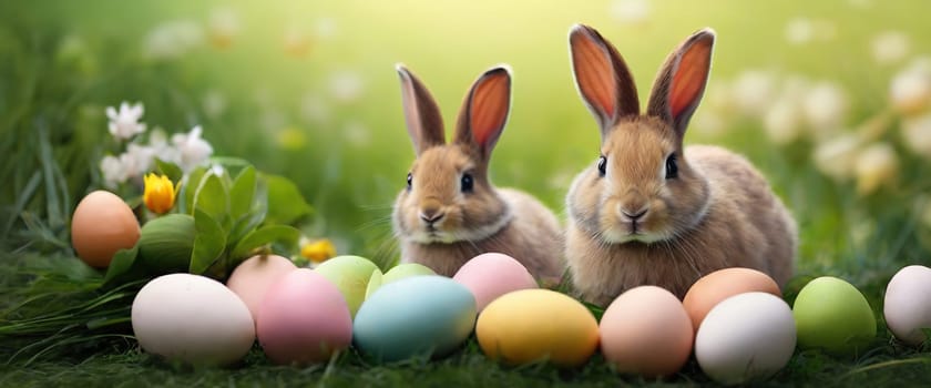Cute little bunny and easter eggs in the meadow. Eastern concept. Generated AI