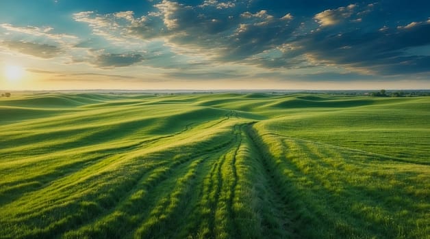 Beautiful environment landscape of green field with sunset sky background. Generated Ai.