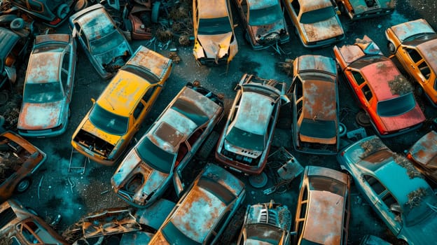 Cars in a junkyard from above. Old cars waiting to be shredded in a recycling park. AI generated