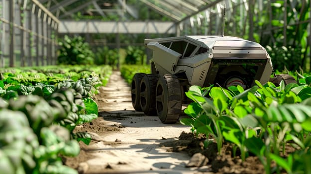 Unmanned robotic vehicle for use in greenhouses and agriculture. Future technology with smart agriculture farming concept. AI generated