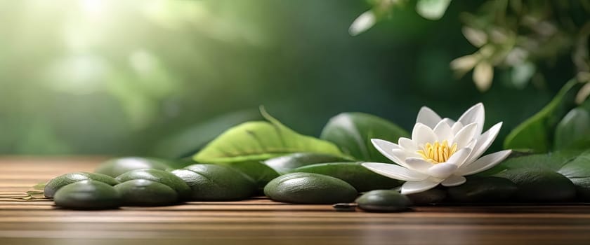 Spa Concept - Massage Stones With Towels And Flowers. Generative AI.