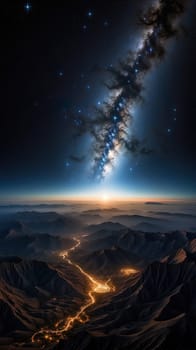 A starry night sky with milky way over a mountains. Long illuminated way. Generated AI.