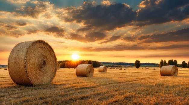 Bales of hay in a golden field country landscape shot during sunrise . A.I. generated.