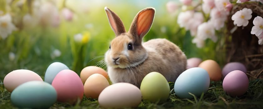 Cute little bunny and easter eggs in the meadow. Eastern concept. Generated AI