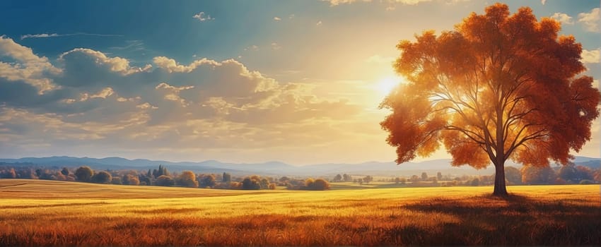 Beautiful autumn panoramic meadow with sunrise lights. Generated AI