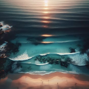 Summer seascape beautiful waves, blue sea water in sunny day. Top view from drone. Sea aerial view, amazing nature background. Beautiful bright sea with waves splashing and beach sand concept. Generated AI.