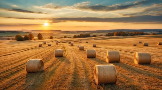 Bales of hay in a golden field country landscape shot during sunrise . A.I. generated.