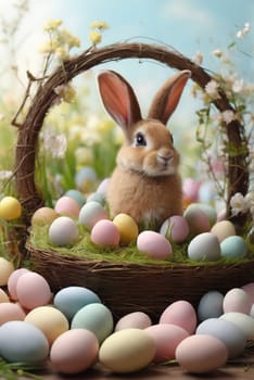 Cute little bunny and easter eggs in the meadow. Eastern concept. Generated AI
