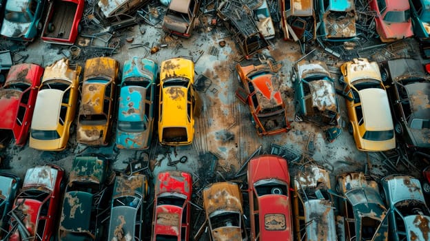 Aerial view of a car junkyard. Old cars waiting to be shredded in a recycling park. AI generated
