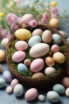 Easter eggs in the meadow. Eastern concept. Generated AI